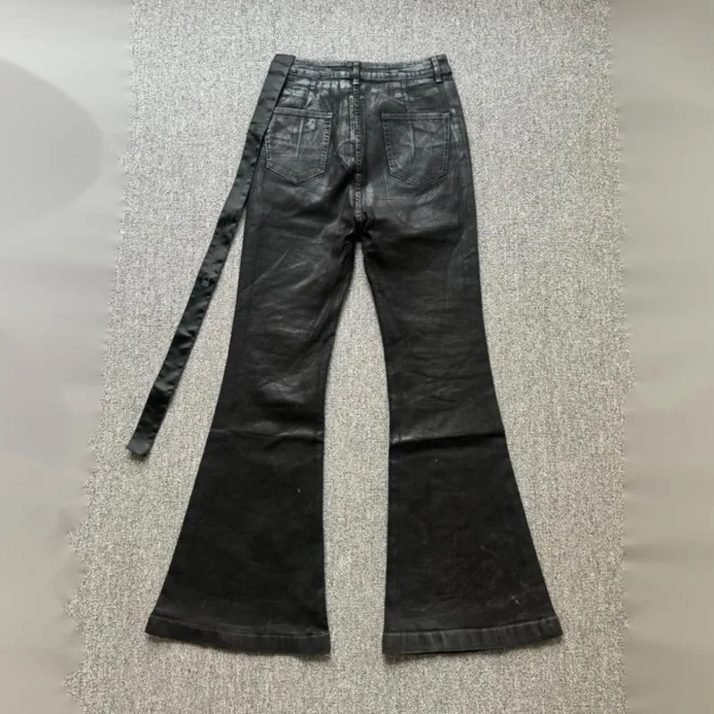 HKSH Spring Autumn Men Dark RO Style Niche Dark Wax Coated High Elastic Ribbon Jeans Wide Leg Flared Denim Pants Trendy HK18686