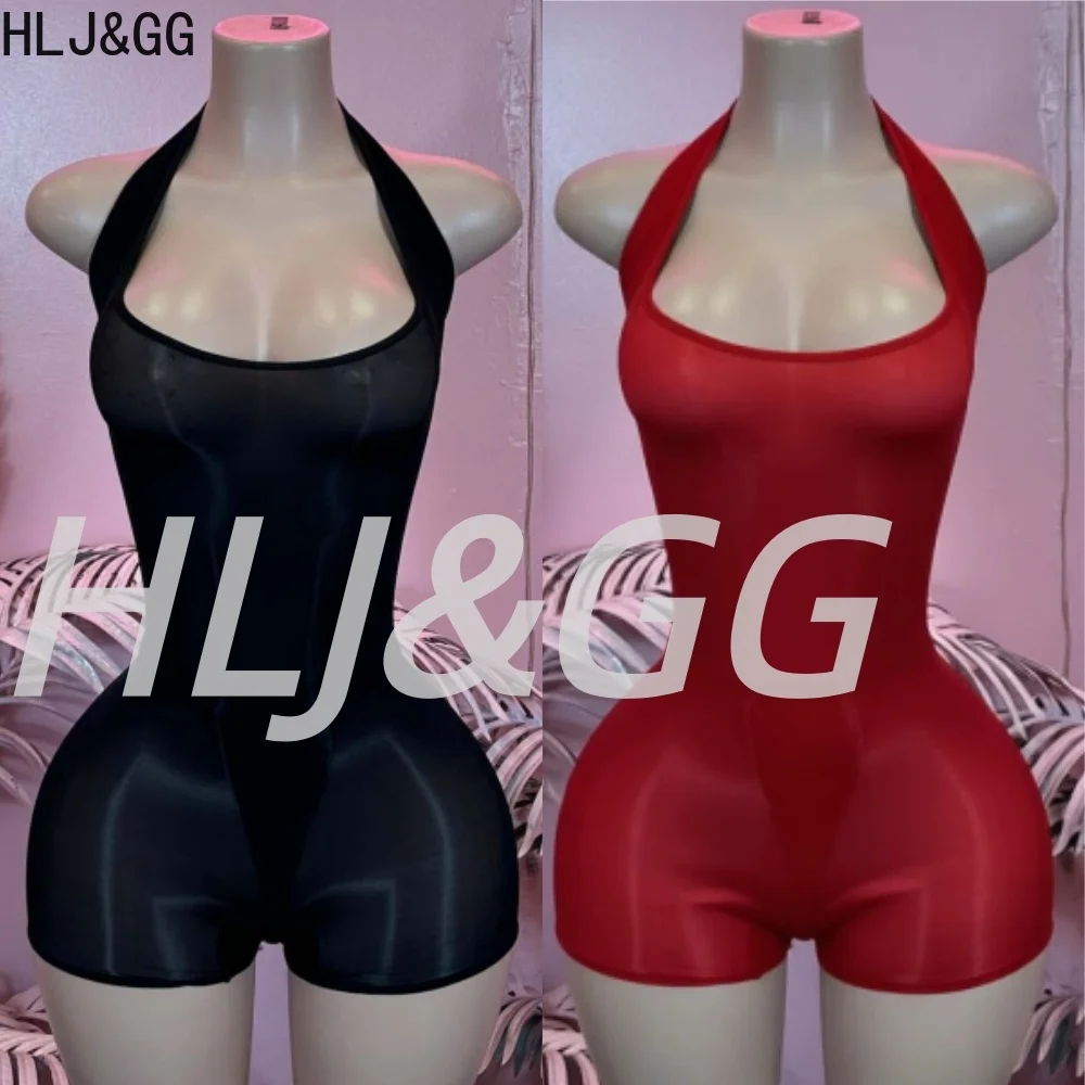 

HLJ&GG Sexy Mesh See Though Halter Bodycon One Piece Rompers Women Sleeveless Backless Slim Jumpsuits Fashion Stretchy Overalls