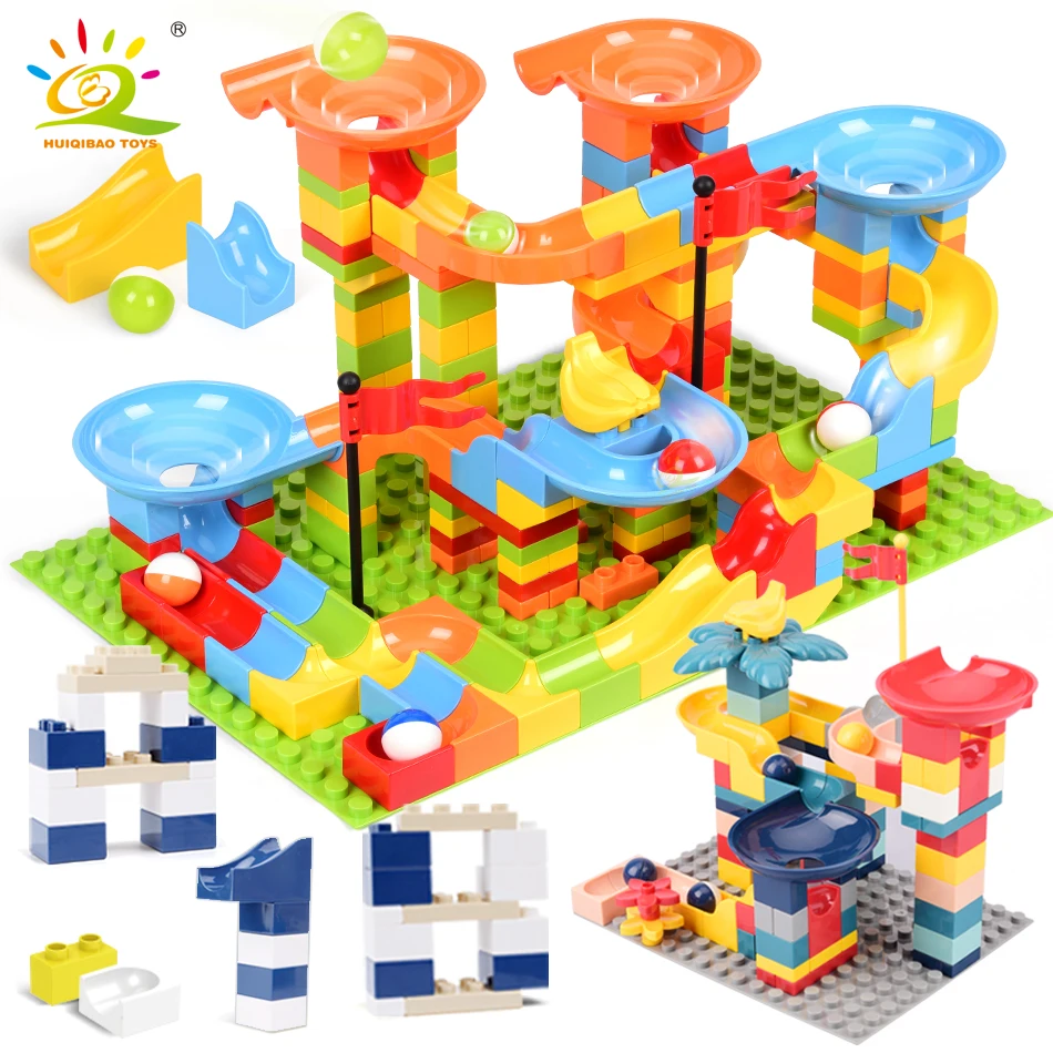 HUIQIBAO 40-201PCS Marble Race Run Large Building Blocks Funnel Slide Compatible City Big Bricks MOC STEM Toys For Children Kids