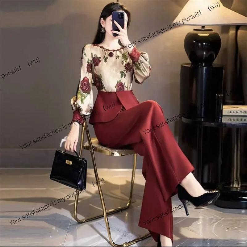 

Весенне-осенний женский новый темпераментный элегантный деревенский стиль, высококачественный китайский топ с красным цветком, костюм, брюки, комплект из двух предметов