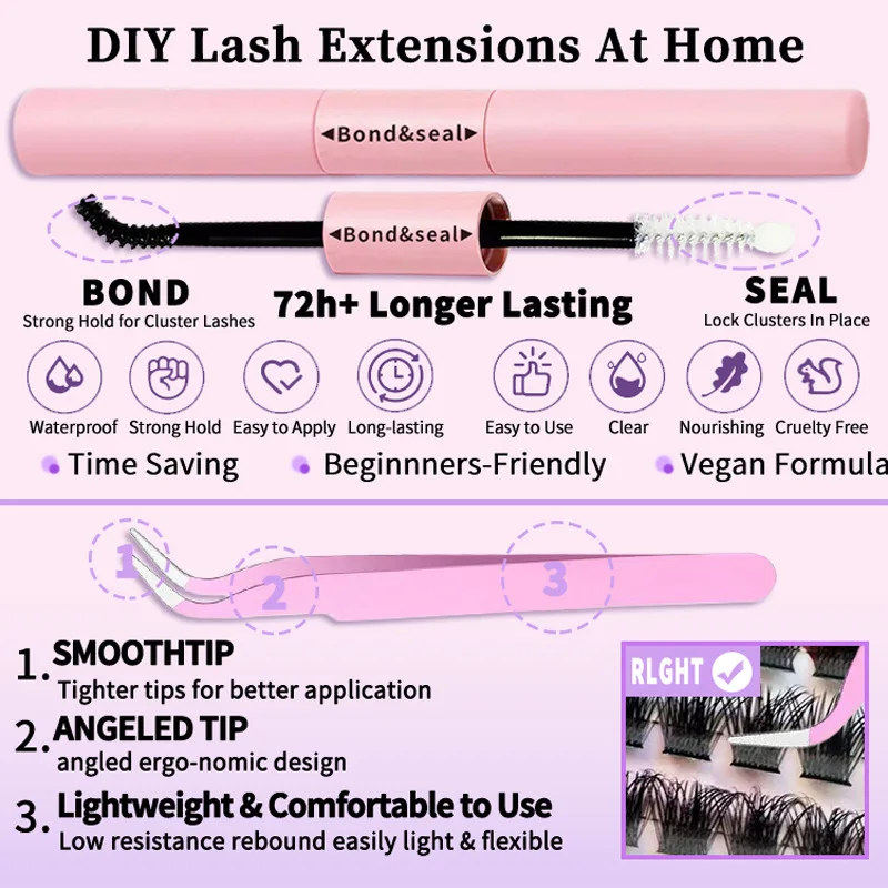 72 Hours Super Strong Hold Lash Bond and Seal Glue,2 in 1 Latex Free Waterproof Glue for DIY Cluster Lashes, False Eyelashes Set