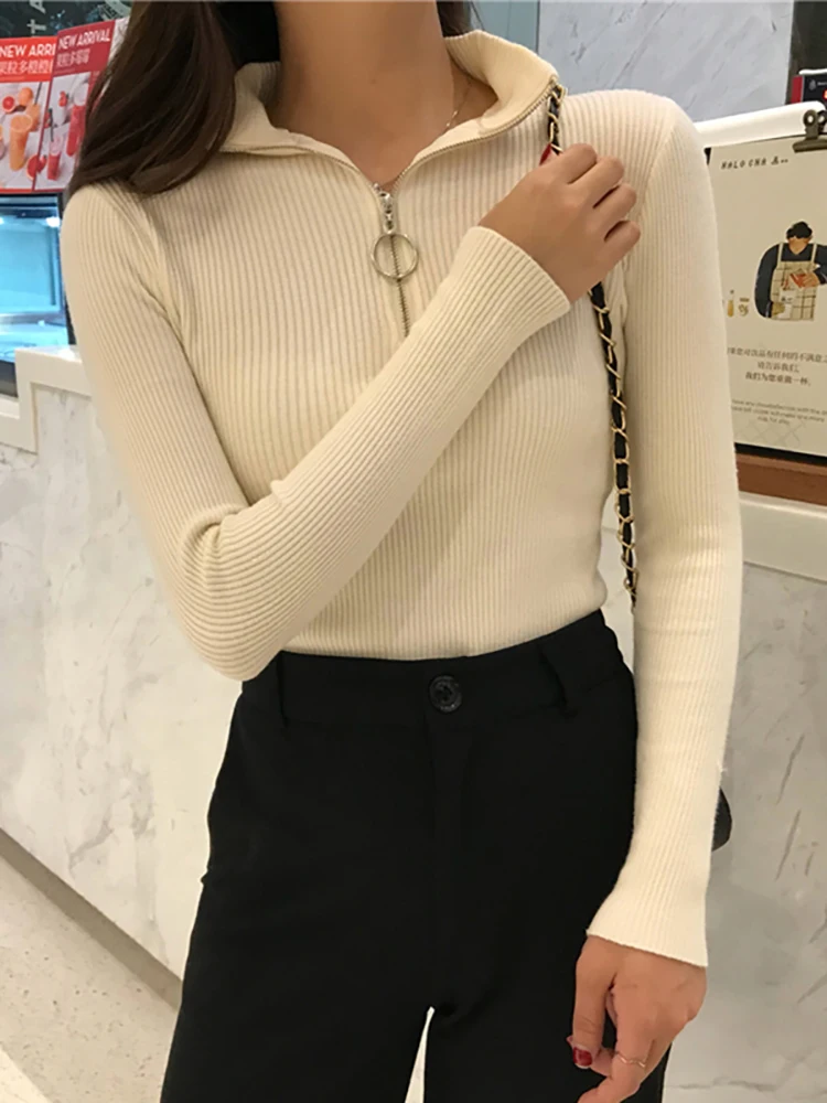 2024 Knitted Women Zipper High Neck Sweater Pullovers Turtleneck Autumn Winter Basic Women Sweaters Slim Fit Black Pull Femme