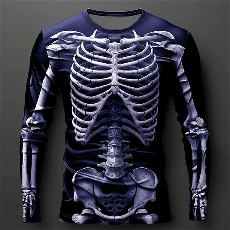 New 3D Skeleton Skull Pattern Printed T-shirt Men Long Sleeve Casual Fashion T Shirt Top Breathable Streetwear Loose Tees Shirt