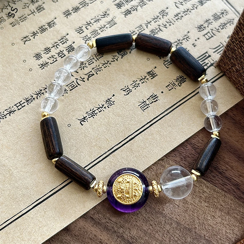 

Men/Women Charms Bracelet New Chinese Style White Crystal Beaded Amethyst Safety Buckle Hand Strand Chain for Lucky and Health