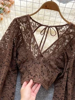 Autumn Black/White/Brown Sexy Lace Blouse Women Elegant V-Neck Puff Long Sleeve Open Back Short Tops Female Party Blusas 2021 - Image 4