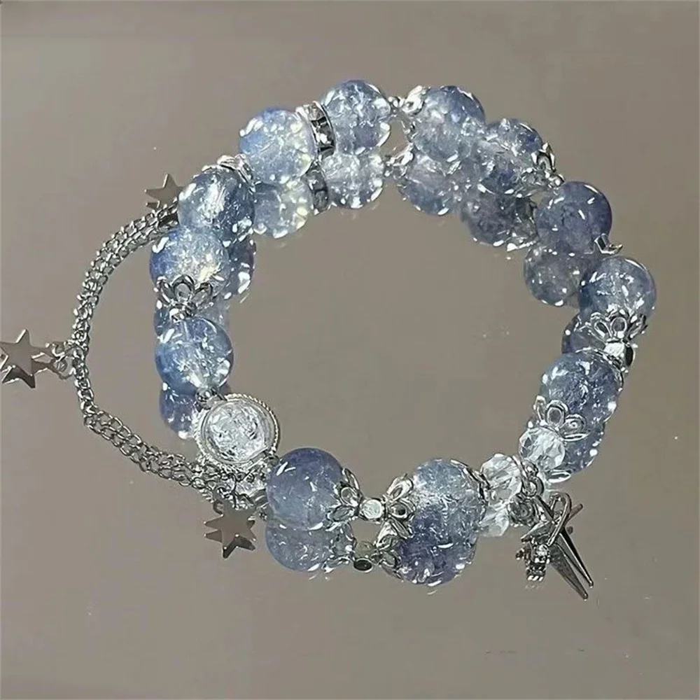 Crystal Niche Design Star Chain Tassel Bracelet for Women Fantasy Blue Beads Elastic Rope Bracelet Best Friend Jewelry Gifts