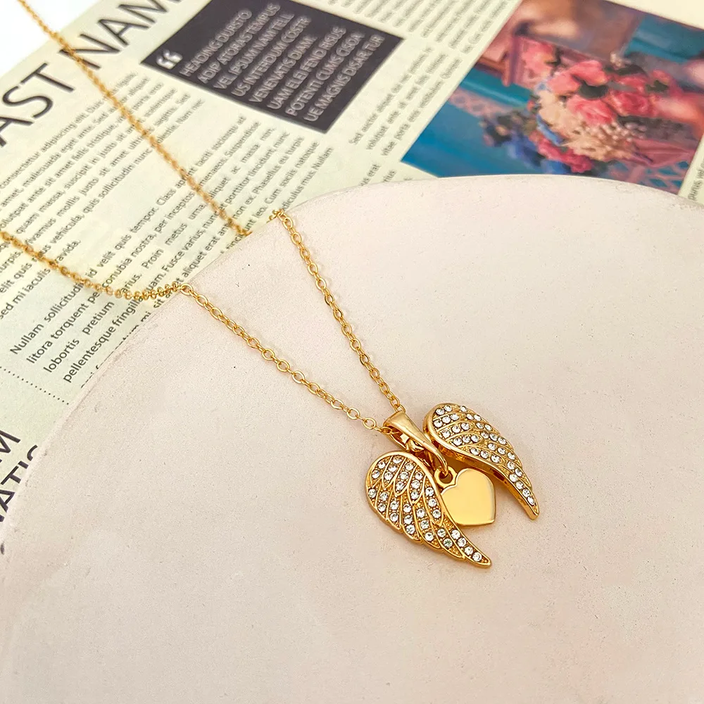 Creative Personality Inlaid Sparkling Zircon Angel Wings Heart Shape Lucky Pendant Necklace for Women  Fashion Party Jewelry