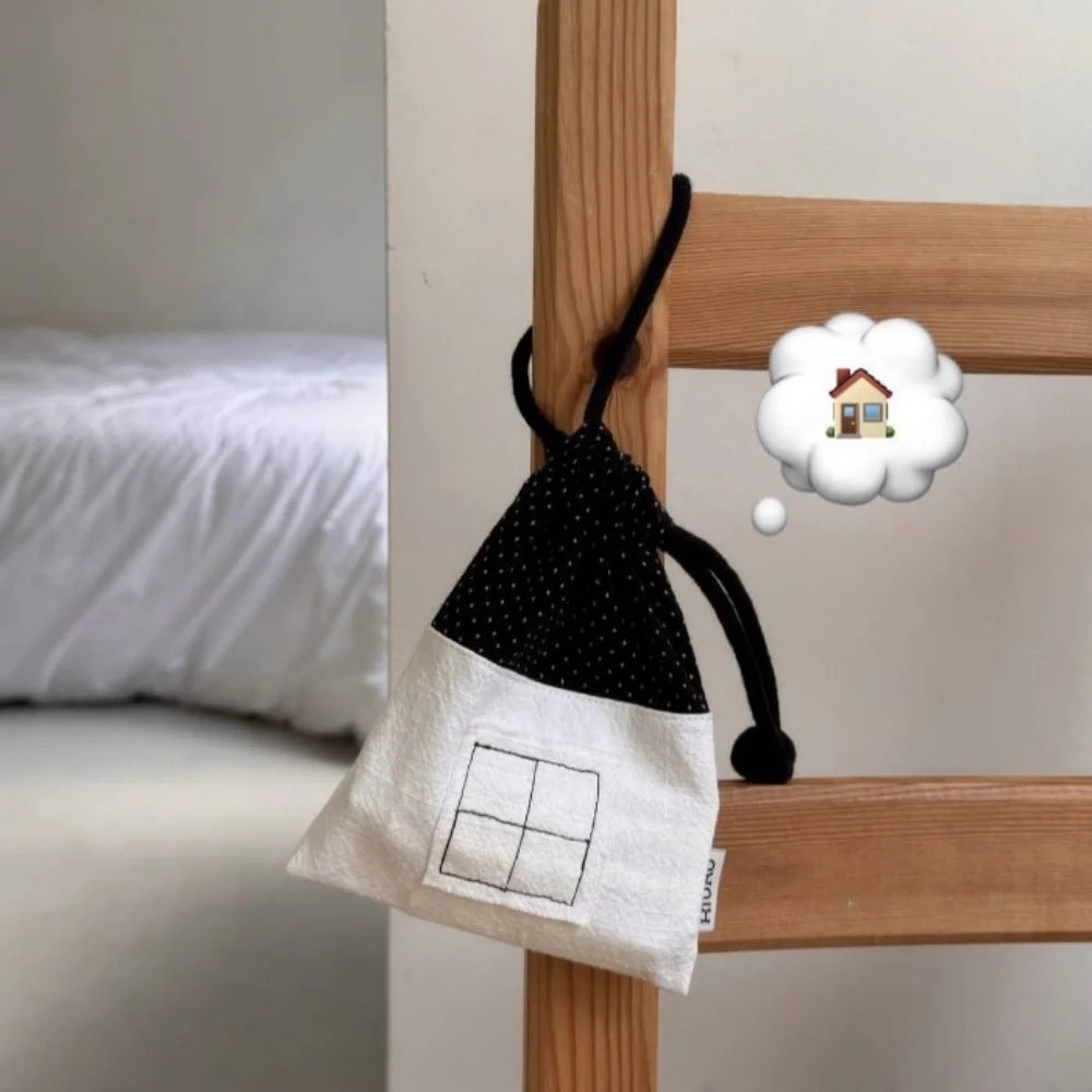 Harajuku Ins Style Small House Pure Cotton Drawstring Storage Bag Black White Sundry Items Hanging Dustproof Storage Cloth Bag