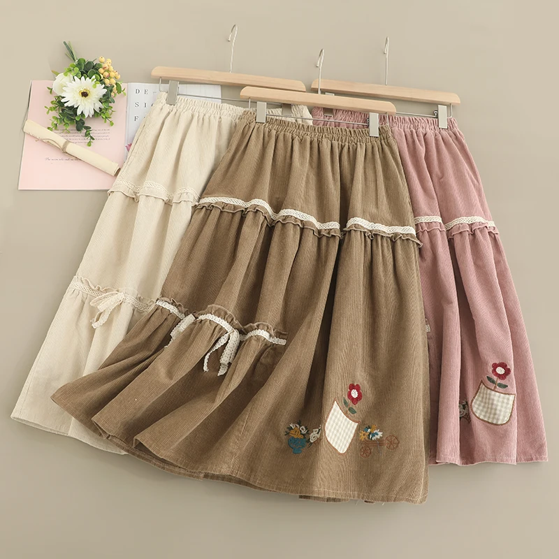 

2024 Spring Autumn New High Waist Flower Solid Color Corduroy Mid Length A-line Large Swing Women's Half Skirt