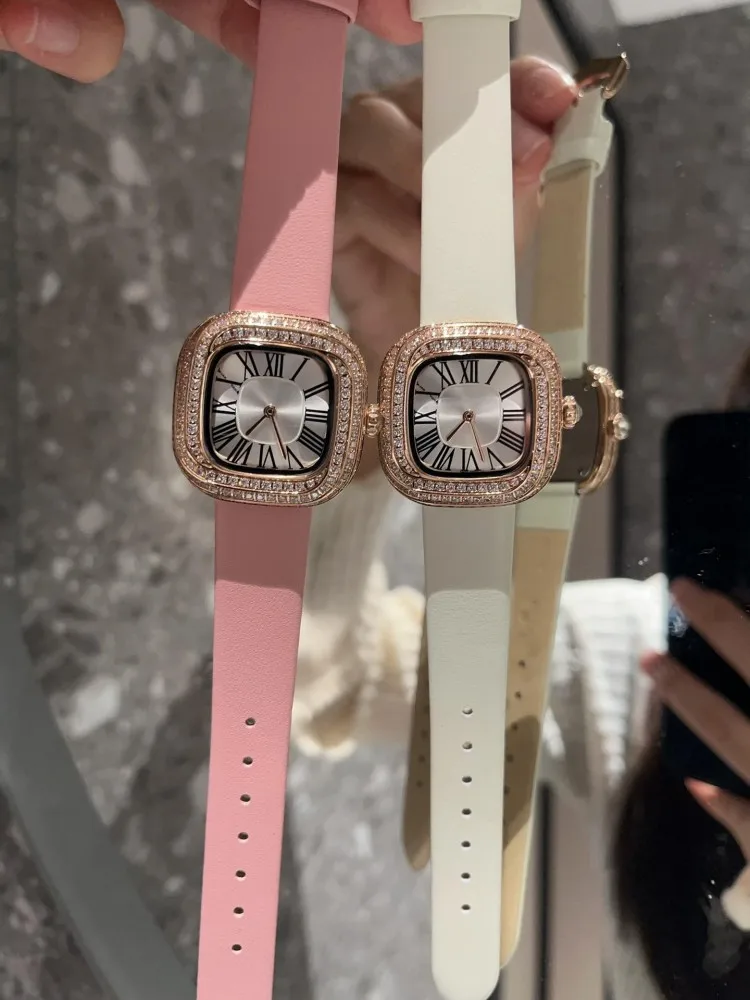 Luxury Diamonds Elegant Office Ladies Roman Numerals Quartz Watch New Genuine Leather Strap Pin Buckle Fashion Women Wristwatch