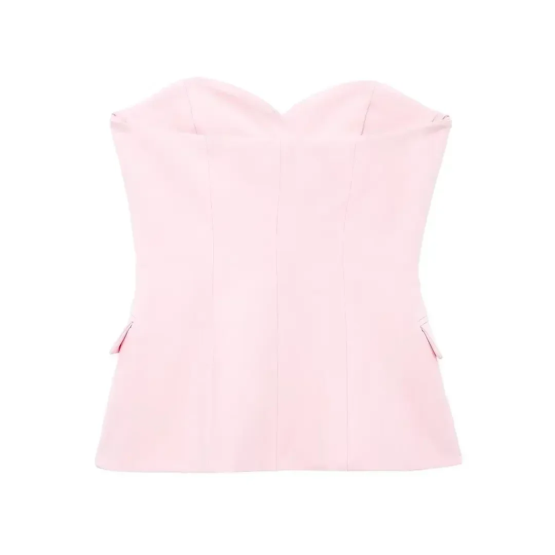 Women Elegant Pink Off Shoulders Strapless Vests Single Breasted Corset Tube Top Female Fashion Y2k High Street Tank Tops