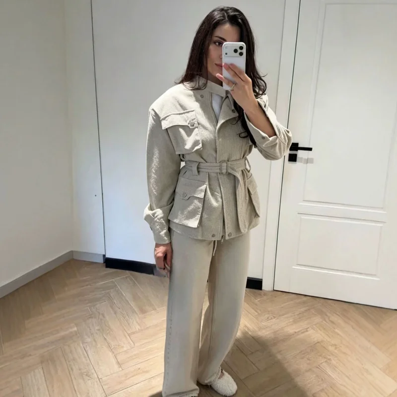 QICHE Women 2026 European‑Style Cargo Two‑Piece Outfit Set Open‑Front Cardigan Top Straight Wide‑Leg Long Casual Pants