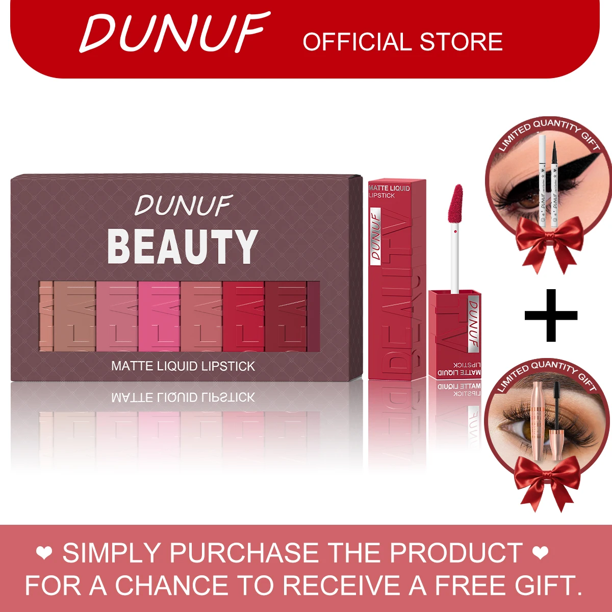 DUNUF 6 Colors Matte Liquid Lipstick Set Velvet Long Lasting Lip Gloss High Pigment Waterproof Non-stick Cup Lip Makeup Cosmetic Gift Box for Women Ladies, Get Free Eyeliner and Mascara as Bonus Gift