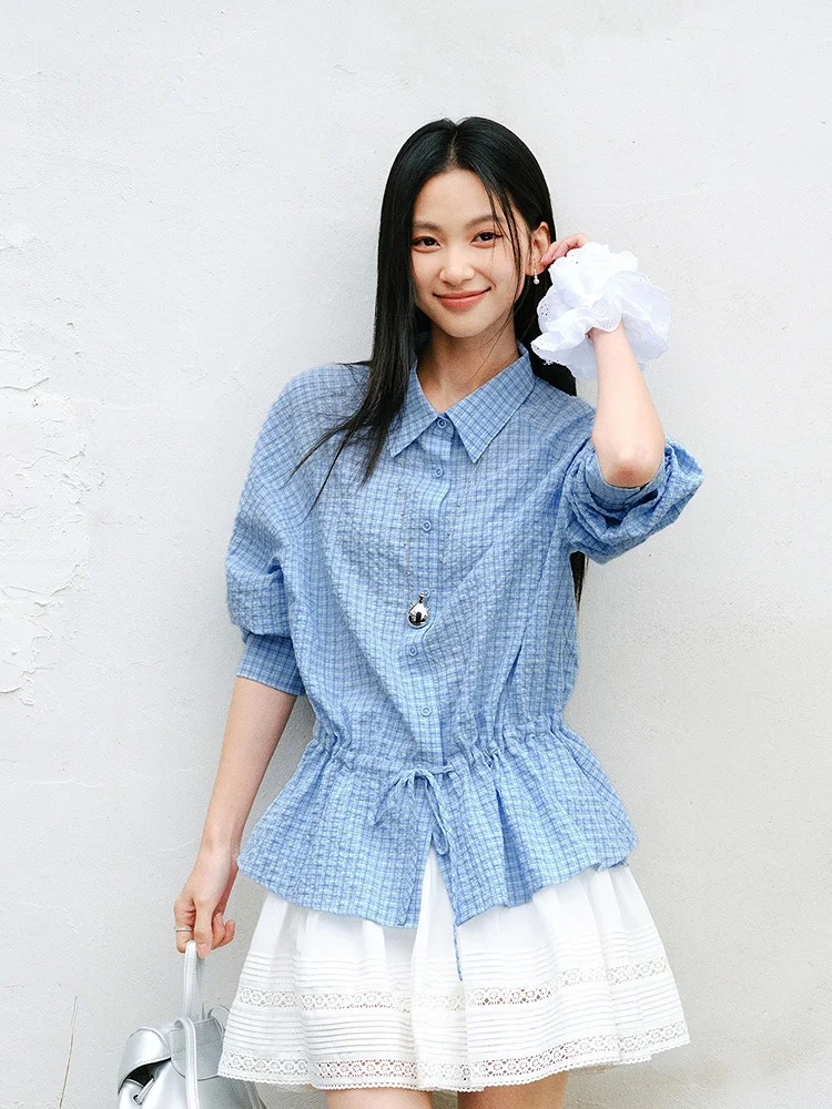 

Semir Long Sve irt, женский весенний топ средней длины с овальной вставкой, клетчатый текстурированный шнурок, 2026, новый ленивый художественный топ