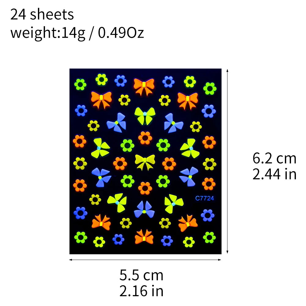 ชุดสติกเกอร์ติดเล็บ3D ลายดอกไม้เรืองแสง24ชิ้นขนาด5.5*6ซม. 3D น่ารักสีสันสดใสรูปลอกติดเล็บรูปดอกไม้เรืองแสงในที่มืด