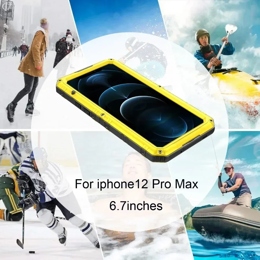 IP68 waterproof and shockproof case for iPhone 15 14 13 12 11 Pro Max XS XR 8 7 Plus Heavy duty aluminum metal screen protector