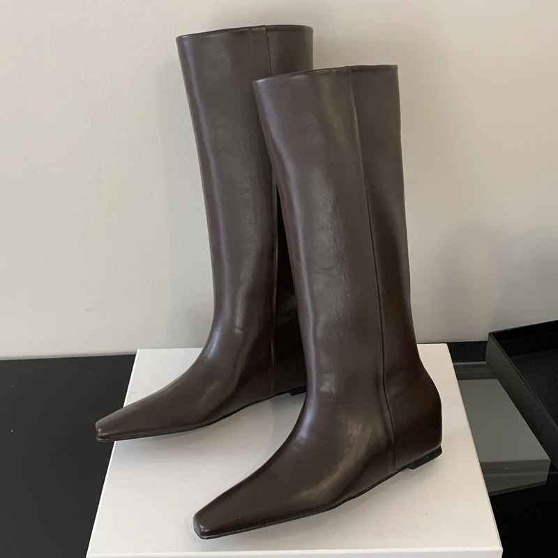Eilyken Soft Leather Pointed Toe Women Knee High Boots Fashion Wedges Low Heels Ladies Shoes Long Booties Zapatos De Mujer