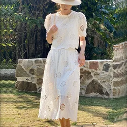 Embroidered Hollow Out Flower Skirt Set Elegant Vintage Two Pieces Holiday Casual Skirt Suit 2024 Summer New in Women Clothing