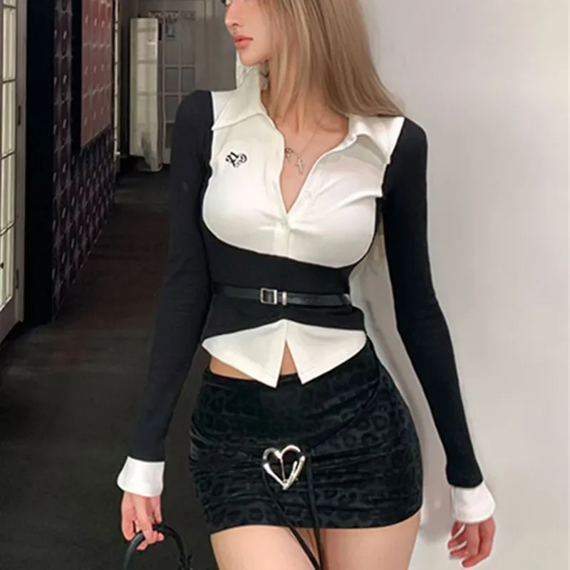 

Y2k Aesthetic Fake Two Pieces Women Shirt 2025 Vintage Single Breasted Belt Blouse Harajuku Fairy Sexy Slim Fit Grunge Blusas