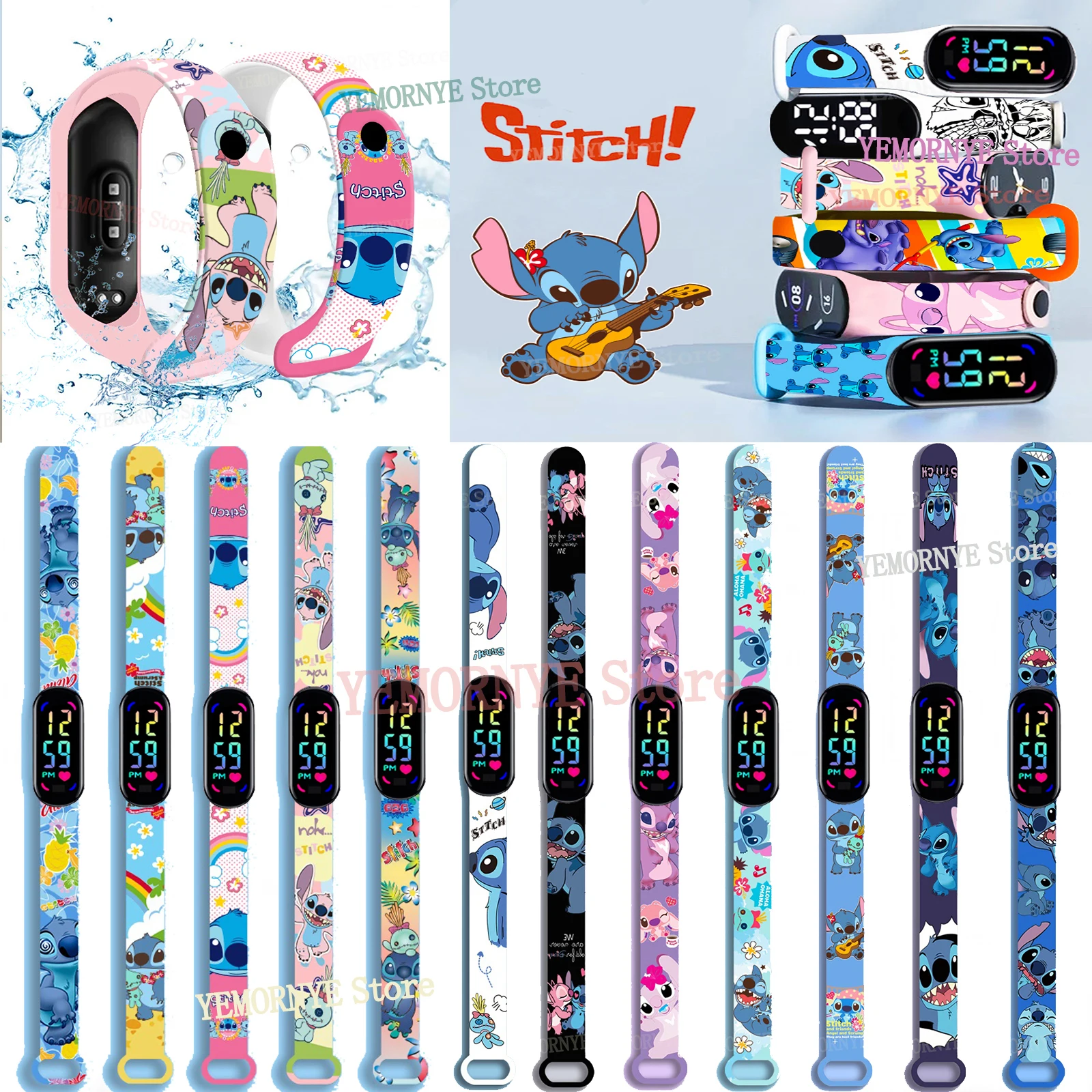 12 STKS Stitch Kinderen Horloges Meisjes Waterdichte Sport Touchscreen Horloge voor Vrouwen Waterdichte Digitale Klok Armband Geschenken Speelgoed