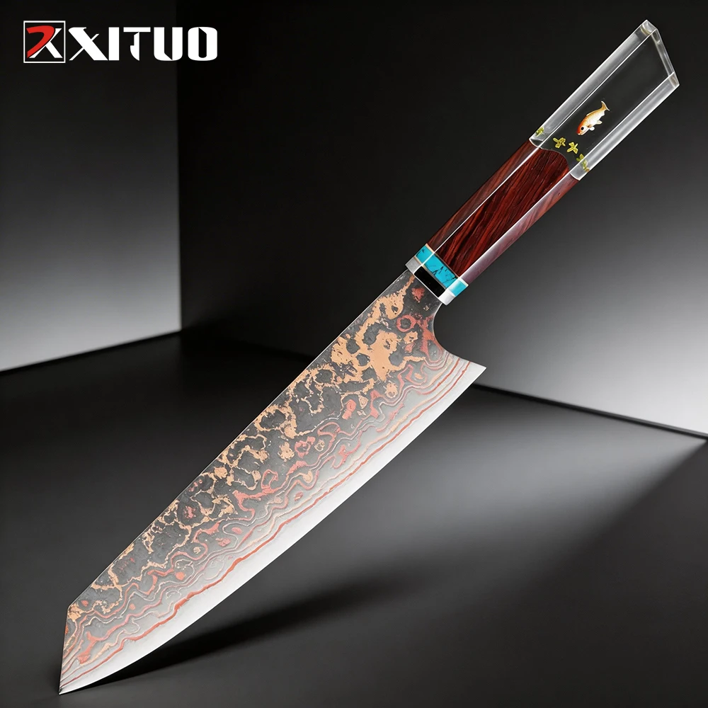 

Нож шеф-повара Кирицуке, 8 дюймов, 37 слоев трехцветной медной дамасской стали-японский дамасский нож для шеф-повара и домашней кулинарии-Razor Shar