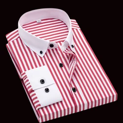 Men's long sleeved shirt with slim fit and patchwork collar, red stripes, business fashion, high-end feel, men's shirt