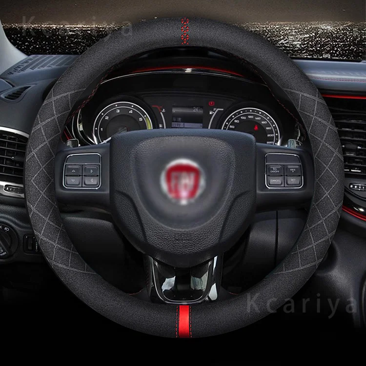 Suede Car Steering Wheel Cover, No-Slip, Genuine Leather, Fiat 500, Panda, Palio, Tipo, Punto, Uno, Stilo, Pondo, FR, Abarth