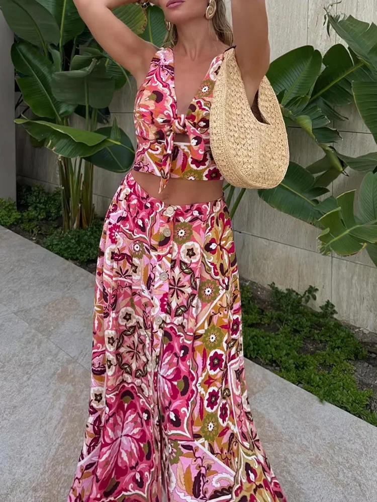 Set Rok Wanita HH Chic Atasan Pendek Tanpa Lengan Bermotif V-Neck dengan Dekorasi Ikat + Rok Midi Berpinggang Tinggi Bergaya dengan Kancing dan Saku