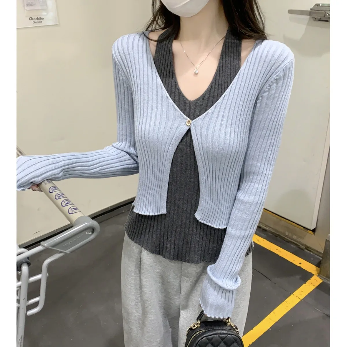 

Korean Design V-Ne Wool Knitted Sweater Women's Base Layer irt Autumn Winter New Sle Hang Ne False Two-Piece Color Blo