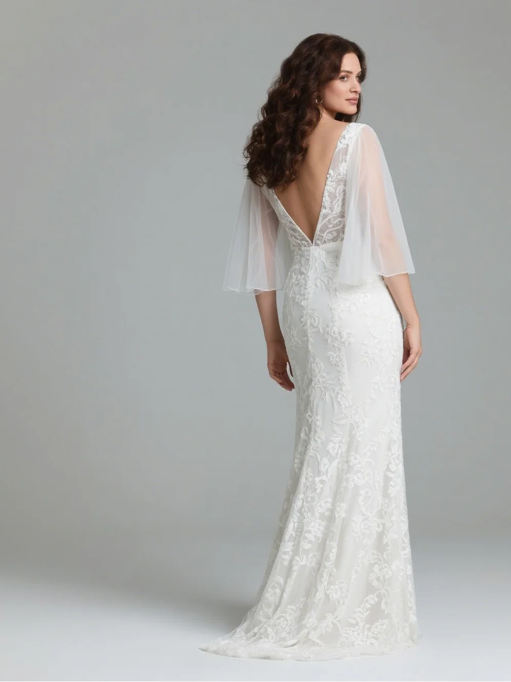 Elegant Mermaid ชุดแต่งงาน V คอ 3/4 แขนยาว Tull ลูกไม้ Applique Sweep Train PLUS ขนาดชุดเจ้าสาว 2025 ฟรีที่กําหนดเอง