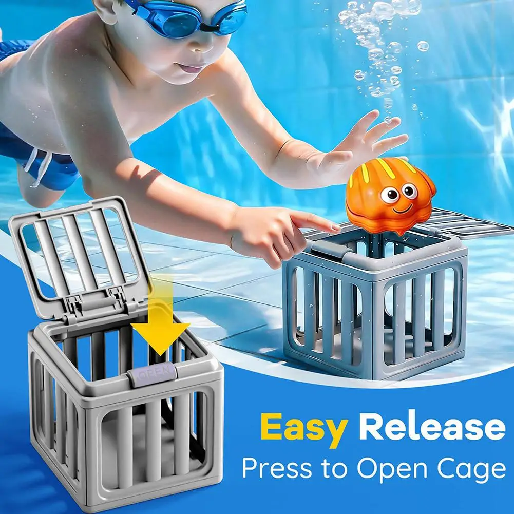 Kids Diving Toys Set for Pool Summer Water Games Underwater Sink Training Toy Storage Cage Sea Animal Bath Toys for Boys Girls
