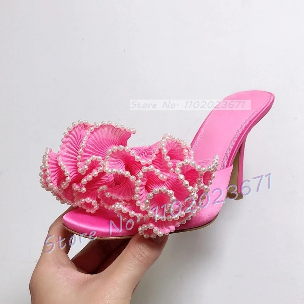 Pearl Trim Floral High Heels Slippers Women Summer Sweet Pink Ruffles Flower Shoes Open Toe Female Casual New Outfit Satin Mules