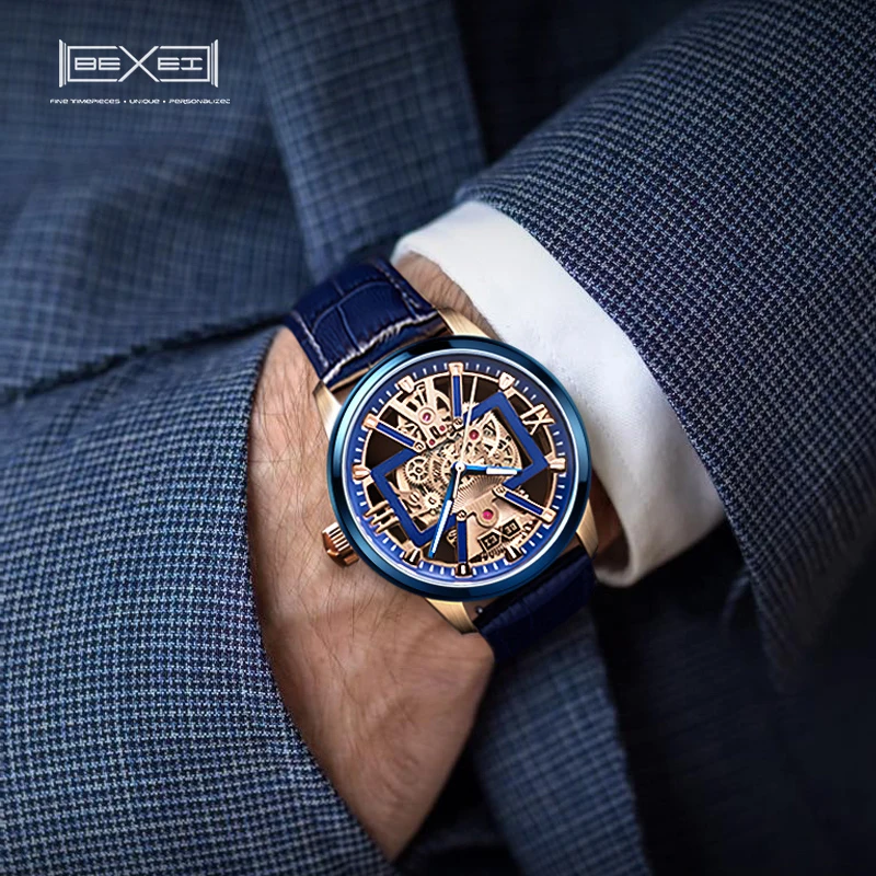 BEXEI 9053 Automatic mechanical fashion Man watch Luxury skeleton synthetic sapphire waterproof BX-015 movement Reserve 72H