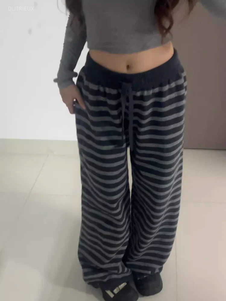 Harajuku Contrast Color Stripe Wide Leg Trousers Vintage Grunge Loose Casual Pant Y2k Aesthetic Women Straight Pants Pantalones