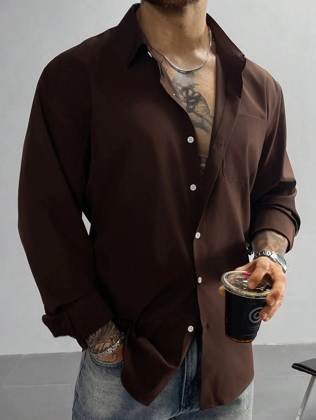 

Men's Long Sleeve Solid Brown Button-Up Shirt, Loose Fit for Casual or Smart Occasions