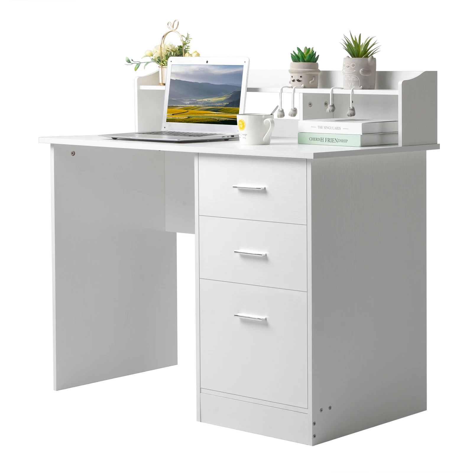 FCH-Panneau de particules en triamine, 110x50x95cm, couche de stockage de bureau, trois mèches de proximité, bureau d'ordinateur, bois blanc Mars