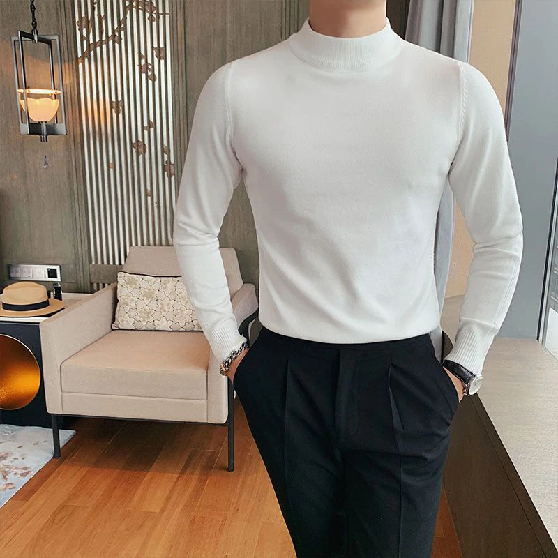 Spring Autumn Thin Half Turtleneck Men Long Sleeve Sweater Fashion Simple Slim Fit Casual Oversized Knitted Clothing Black White