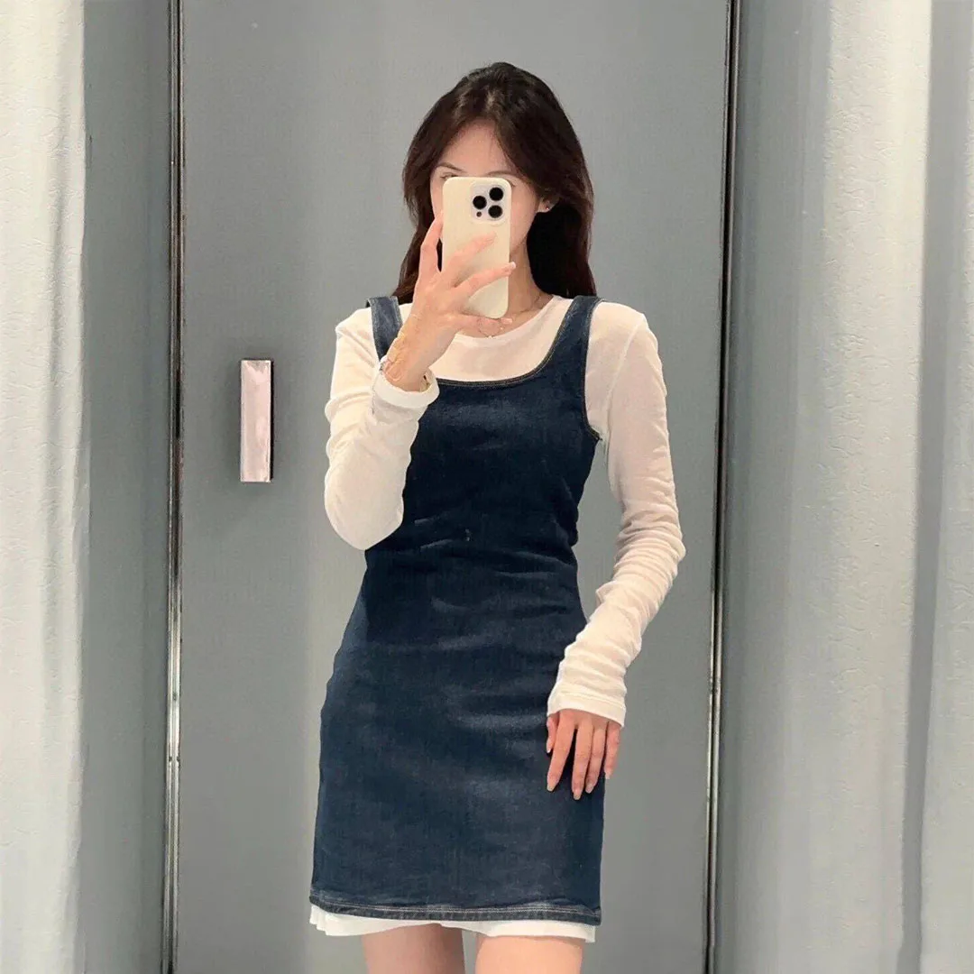 2024 New Autumn Luxury Fashion Design Tank Jeans Dress Women O-neck Sleeveless Sweet Vintage Slim Fit Blue Denim Dresses