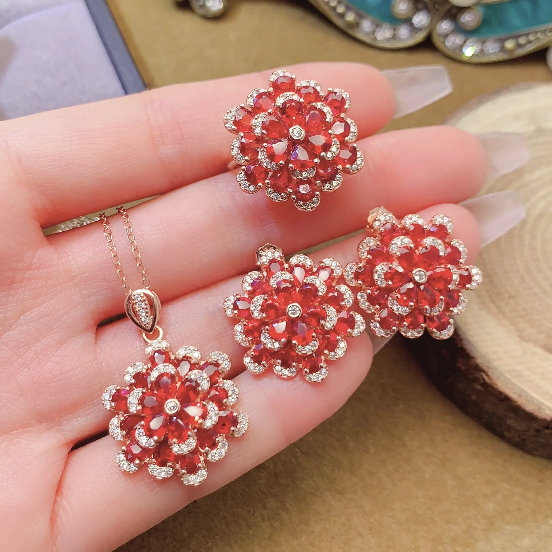 

Natural Red Sapphire Jewelry Set 3x4mm Flower Design S925 Silver with CZ Accent Necklace Ring Earrings