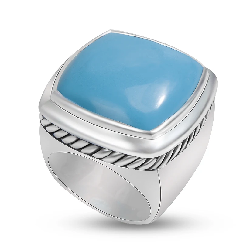 

20mm Square Imitation Turquoise Statement Band Ring for Women Twist Design White Gold Plated Fashion Ring Jewerly for Gift