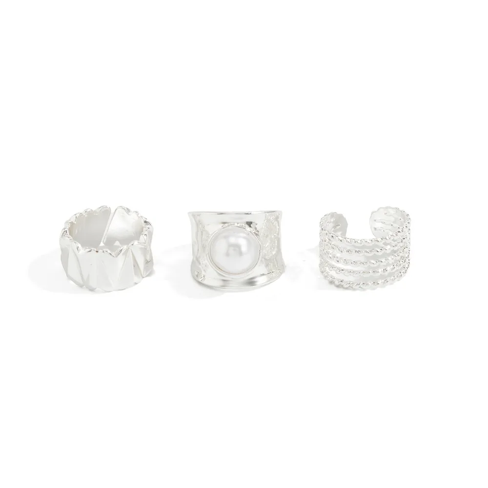 Fashion Heart Shaped Wide Ring Set Exaggerated Geometric Joint Rings Inlaid Pearls Liquid Women Jewelry Gift