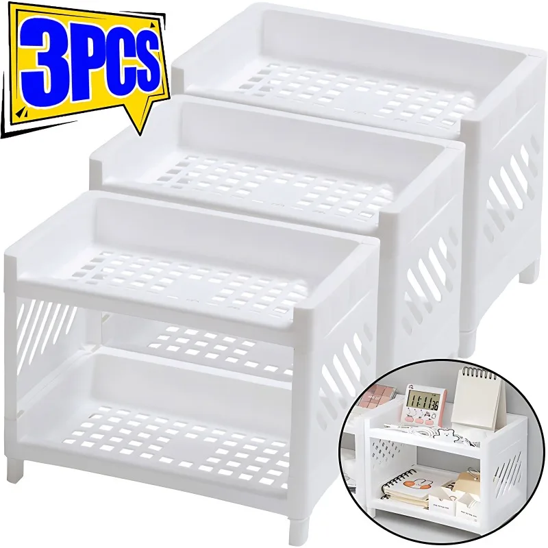 

3/1PCS PP Desktop Double Layer Storage Rack Rectangular White Organizing Student Desk Office Cosmetics Stationery Storage Shelf