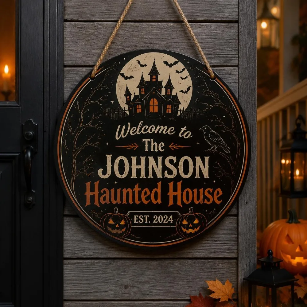CIFbuy Custom Round Halloween Haunted House Metal Plaque, Personalized Family Name Castle Bat Pumpkin Wall Ornament (Only