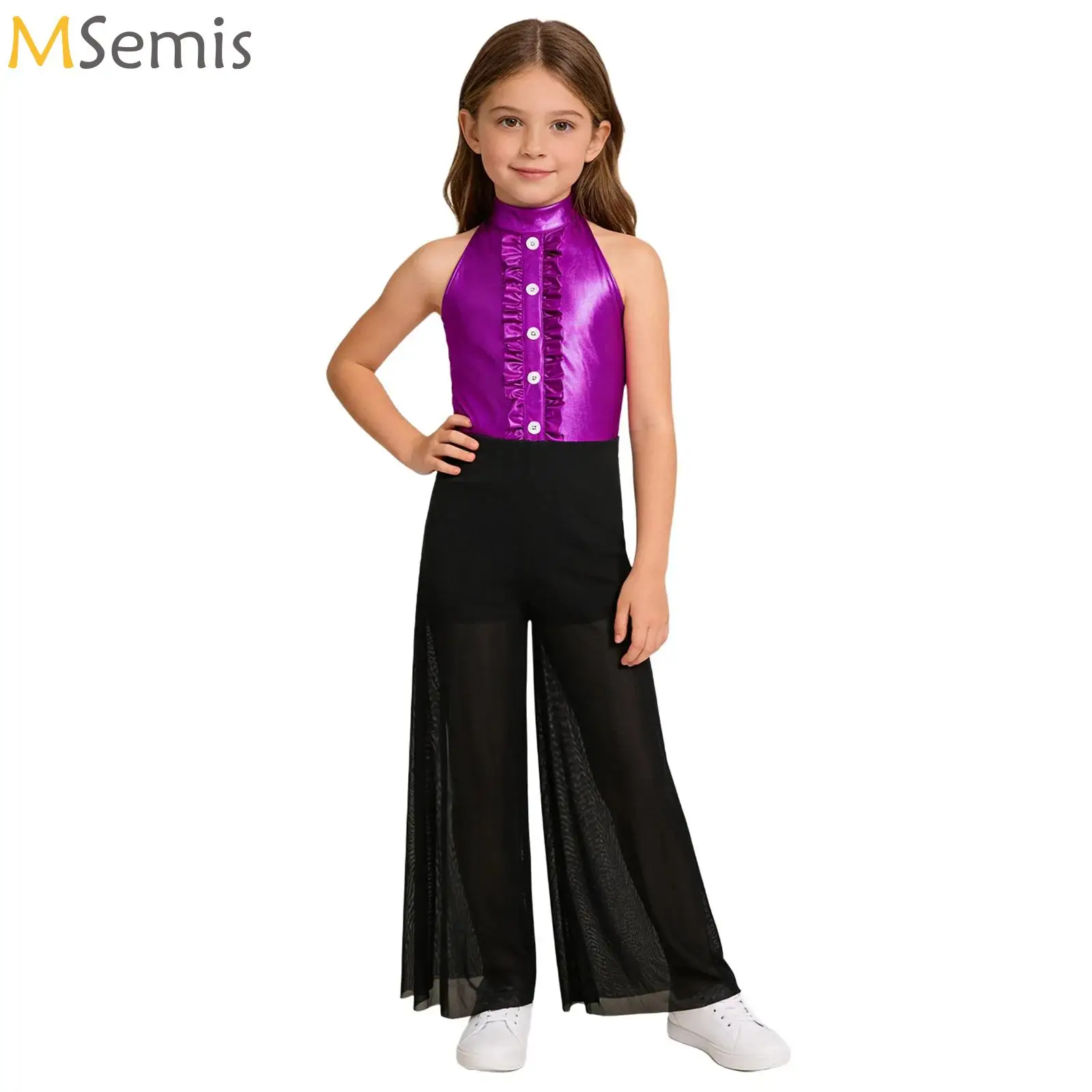 

Kids Girls Ballet Dance Jersey Gymnastics Leotard Figure Skating Acrobatics Bodysuit Sheer Mesh Metallic Full Body Jumpsuit Wear