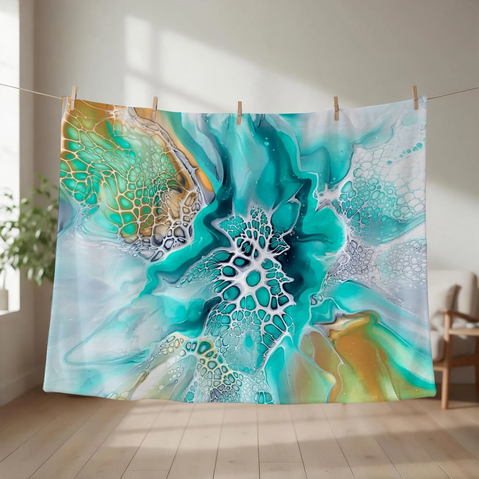 Green Lagoon Inspired Fluid Pour Art Painting with Gold and Grey Throw Blanket