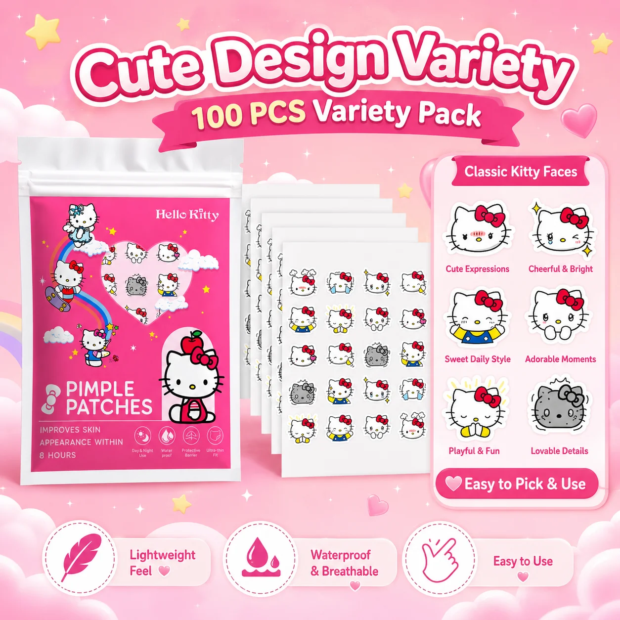 100PCS hello kitty Acne patches, facial acne patches, hydrogel acne removal patches, concealer