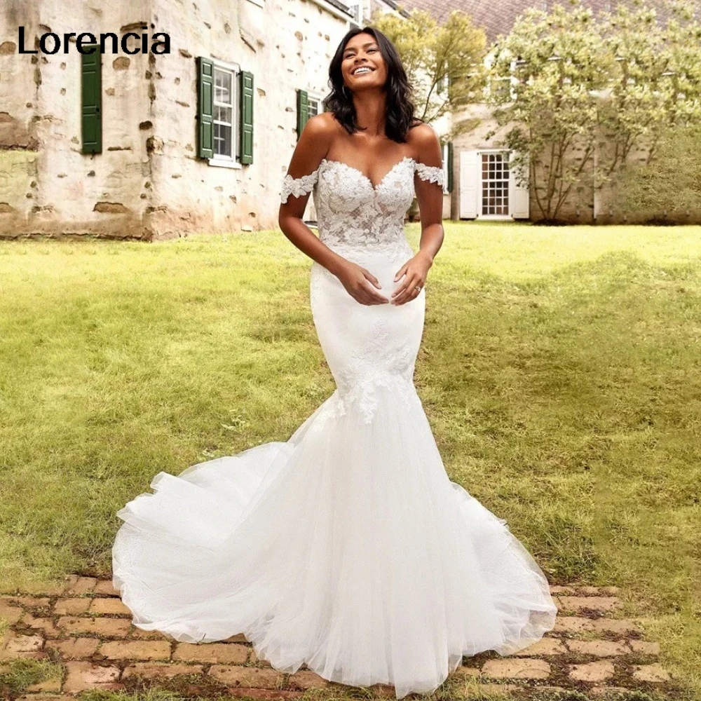 

Customized Luxury Mermaid Wedding Dress Sweetheart Lace Appliques Off Shoulder Wedding Bridal Gowns Robe De Mariee YMW163