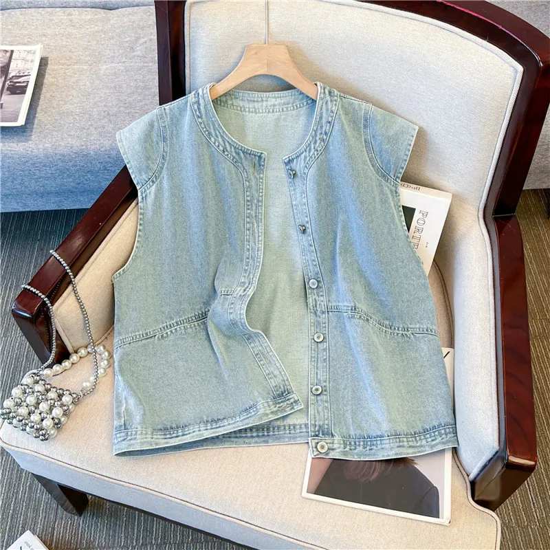 

Summer Light Blue Short Denim Vest Vintage Round Neck Single-Breasted Sleeveless Female Slim Thin Solid Color Cowboy Waistcoat