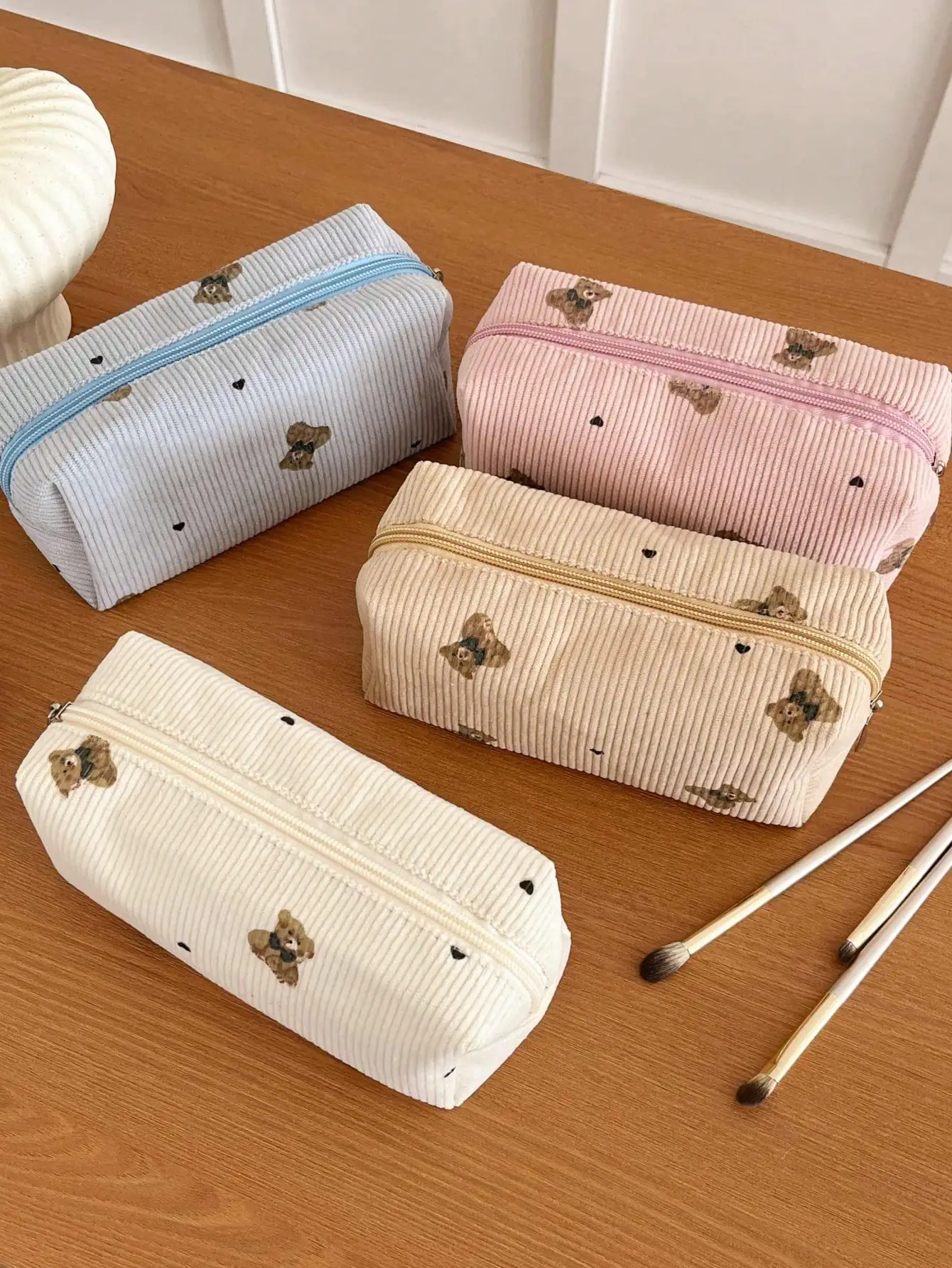 Corduroy Bear Pencil Bag Makeup Bag Large Capacity Multi functional Storage Bag Lipstick Makeup Brush Storage Bag