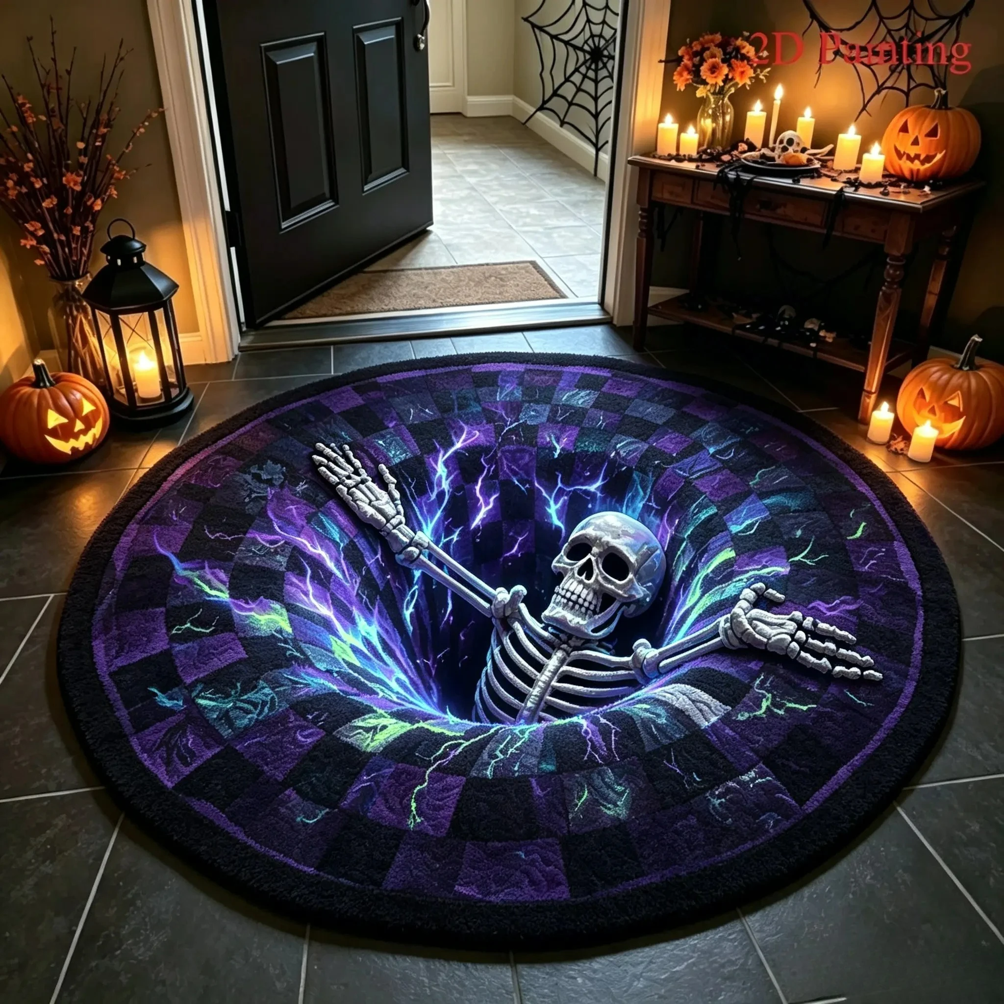 3D Illusion Hell Skeleton Round Rug Home Decor Entrance Welcome Floor Mat 2D Print Area Rug Room Hallway Doormat